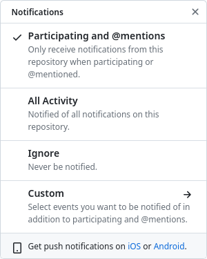 Screenshot of notification settings on GitHub, where 'Participating and mentions' is selected
